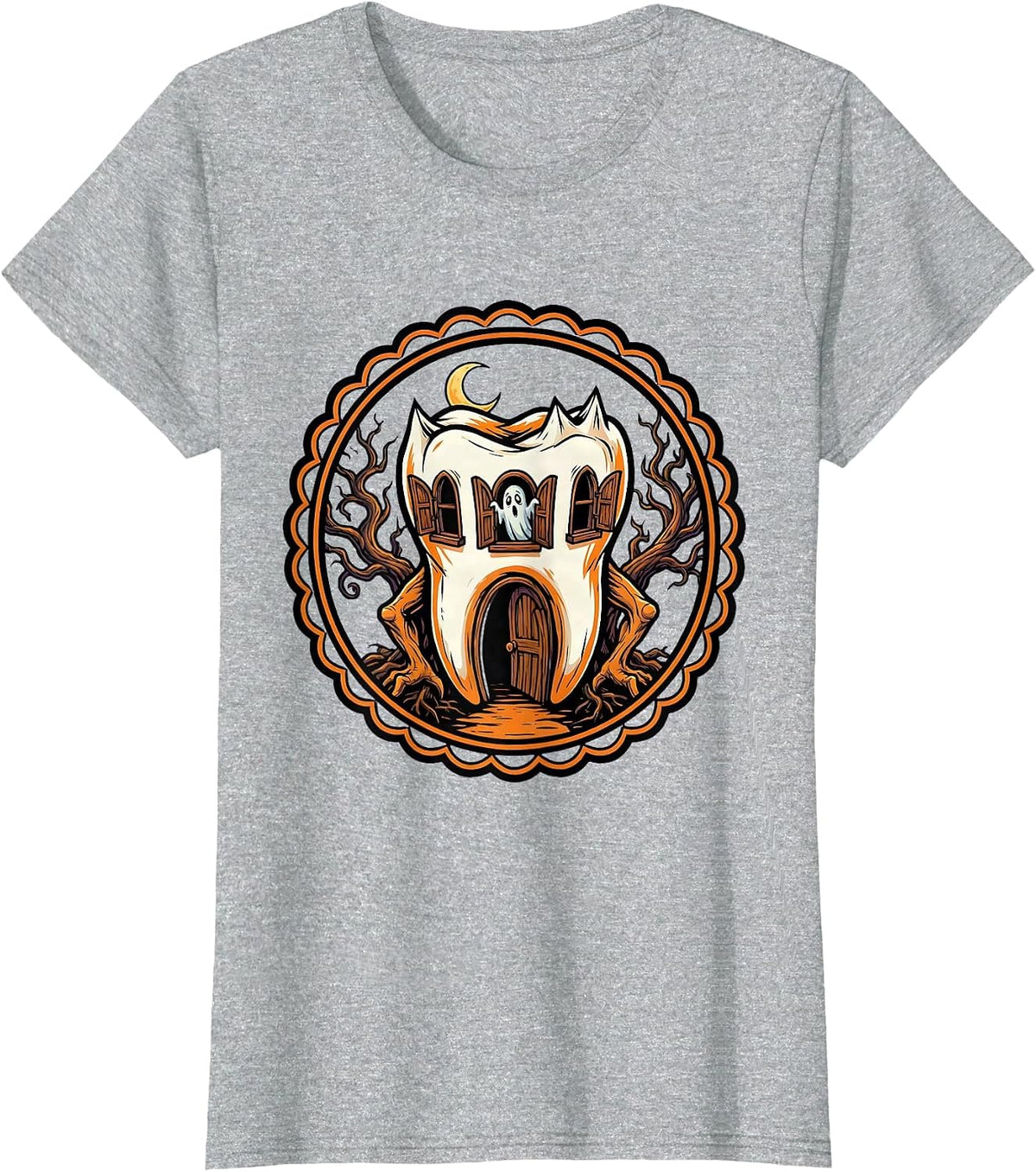 Women's Haunted Molar House Dental Halloween Design T-Shirt - Heather Grey
