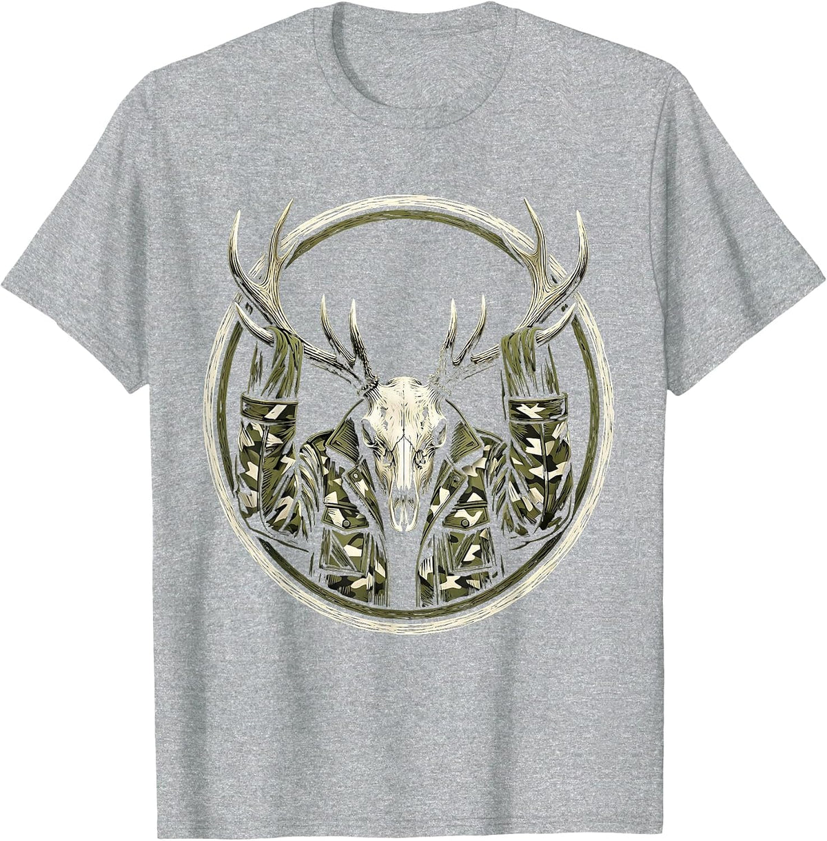 Men's Camo Jacket on Deer Antlers Hunting Graphic T-Shirt - Heather Grey
