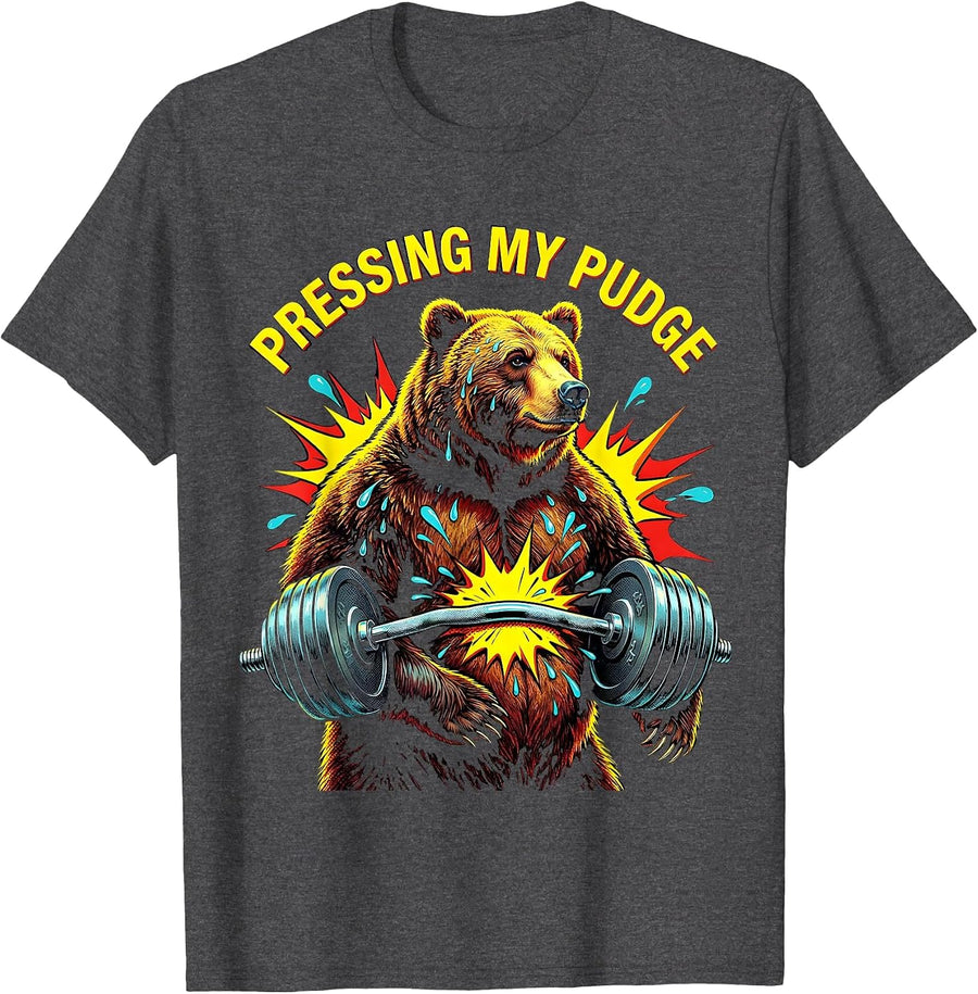 Men's Pressing My Pudge Funny Gym Workout Mascot Humor T-Shirt - Dark Heather Grey