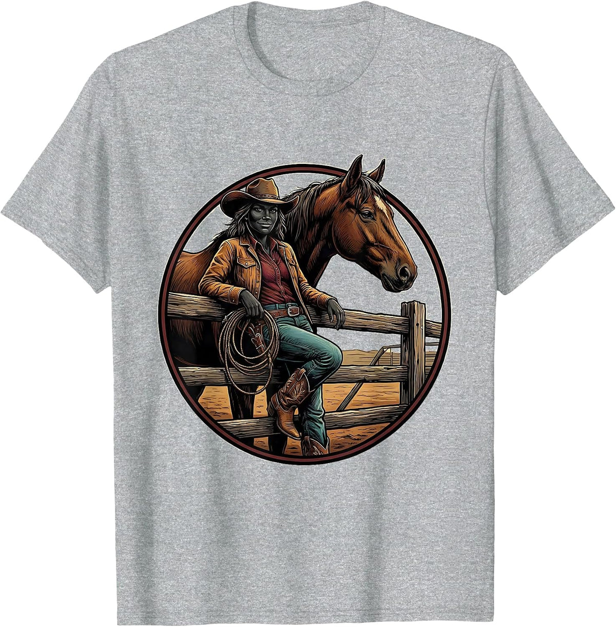 Men's Black Cowgirl Rodeo Badge Western Pride Illustration T-Shirt - Heather Grey