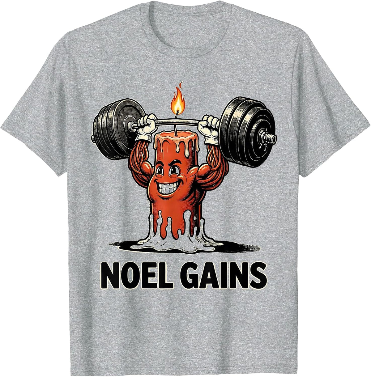 Men's Noel Gains Retro Cartoon Funny Christmas Gym Weightlifting T-Shirt - Heather Grey