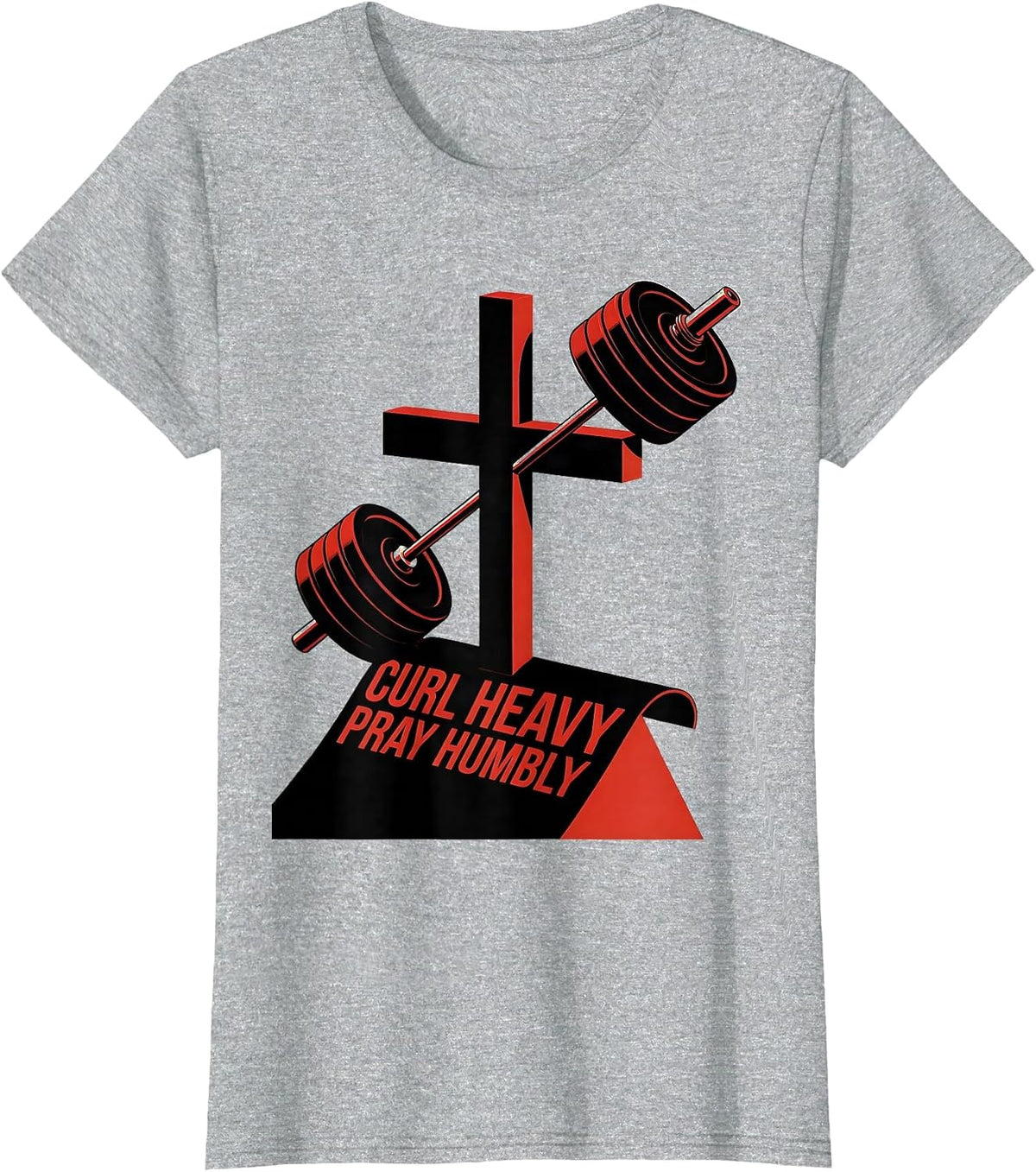 Women's Curl Heavy Pray Humbly Faith Motivation Christian Gym T-Shirt - Heather Grey
