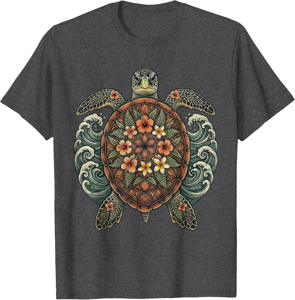 Sea Turtle Ocean Waves Hawaiian Graphic Tee T-Shirt - Dark Heather Grey