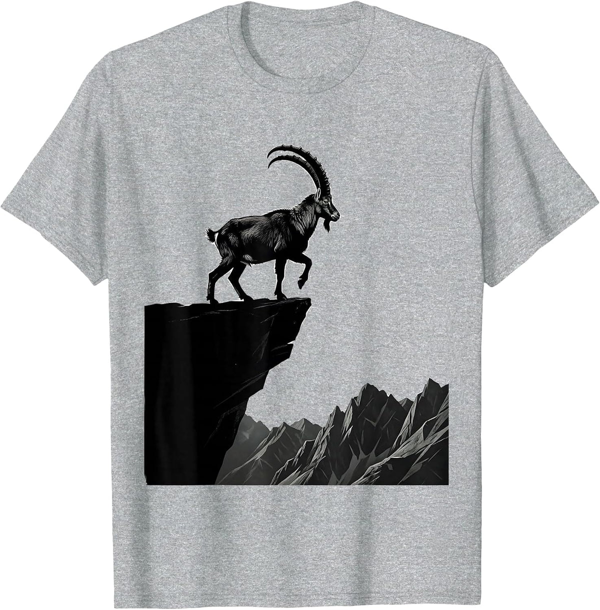 Men's Mountain Goat Cliff Edge Wildlife Illustration T-Shirt - Heather Grey