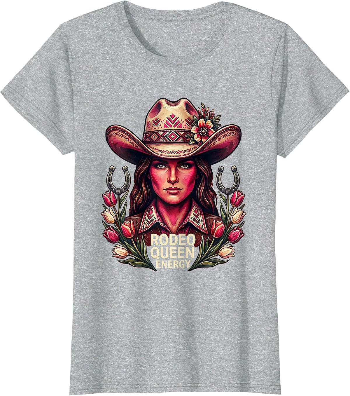 Rodeo Queen Energy Pink Cowgirl Design T-Shirt - Heather Grey