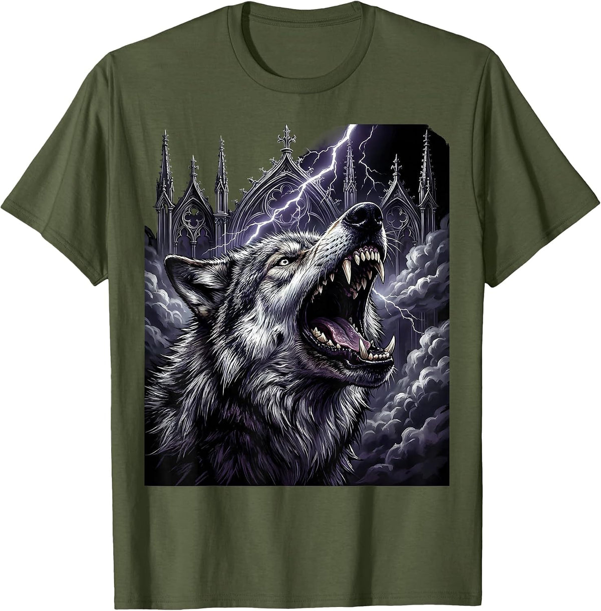Snarling Wolf Lightning Thunderstorm Graphic T-Shirt - Olive Green