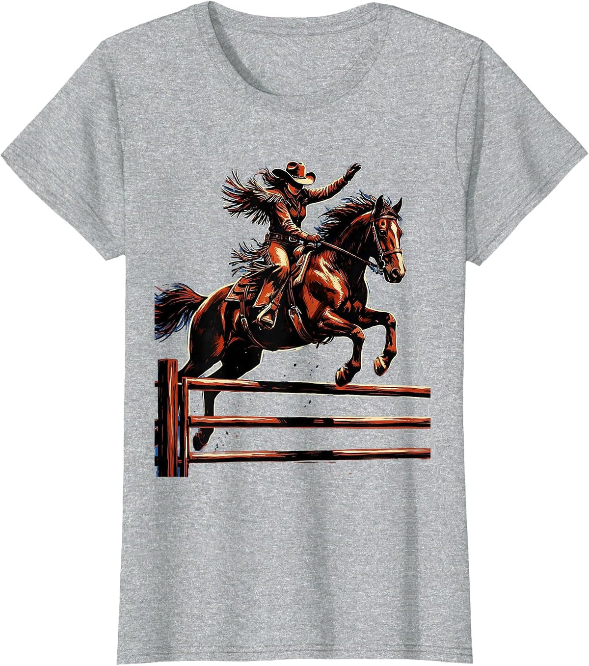 Cowgirl and Horse Leaping Fence Rodeo Graphic T-Shirt - Heather Grey