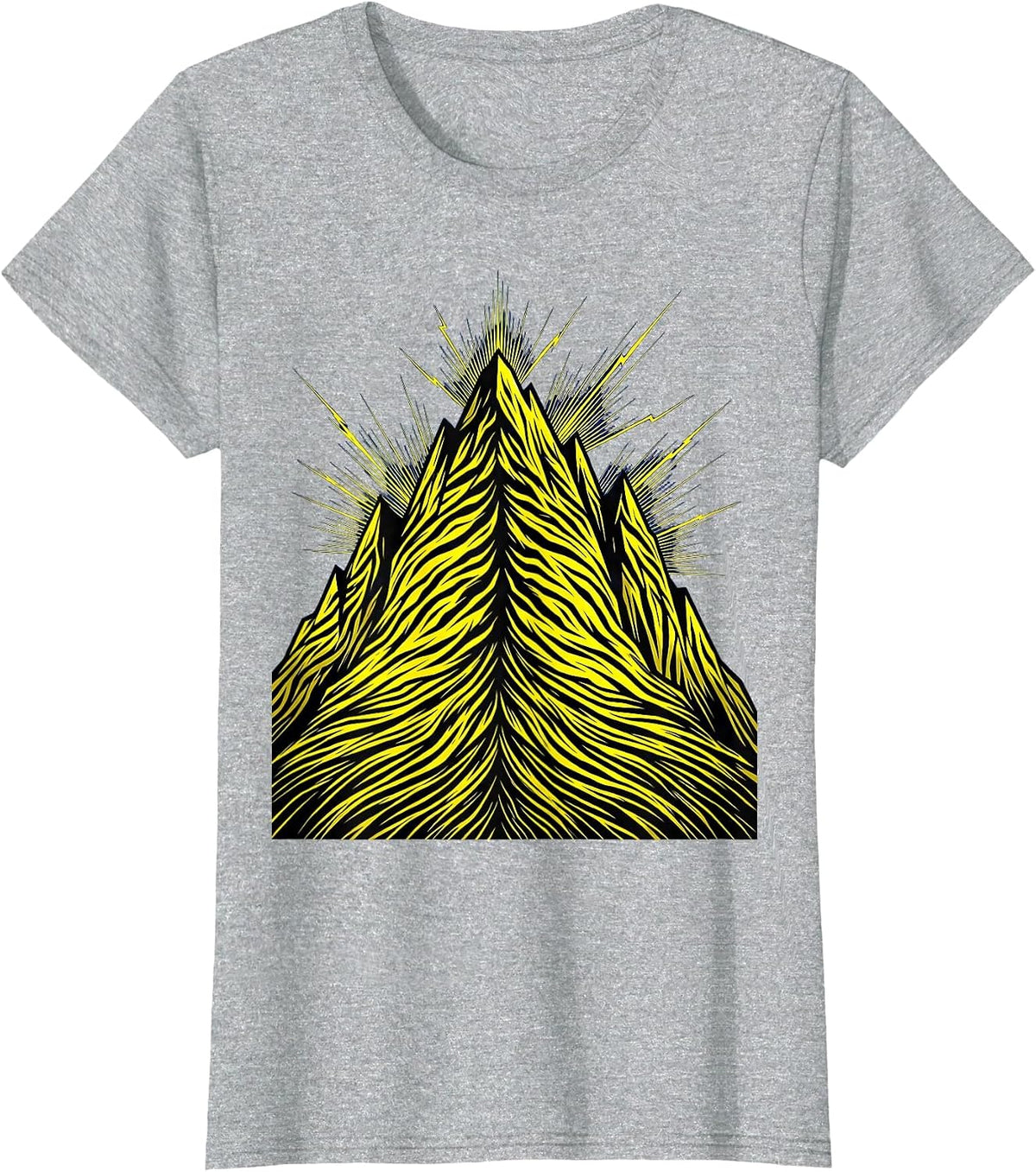 Women's Black and Yellow Lightning Storm Mountain Graphic T-Shirt - Heather Grey