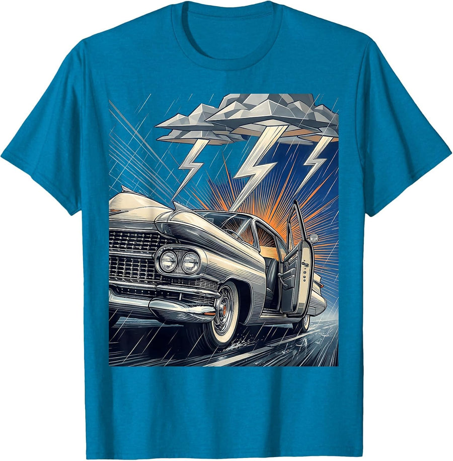Car Door Open in Thunderstorm Graphic Tee T-Shirt - Sapphire Blue