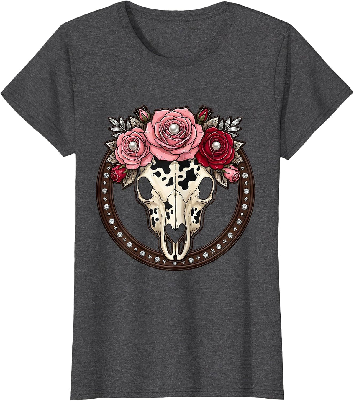 Women's Cow Print Floral Skull Boho Western Design T-Shirt - Dark Heather Grey