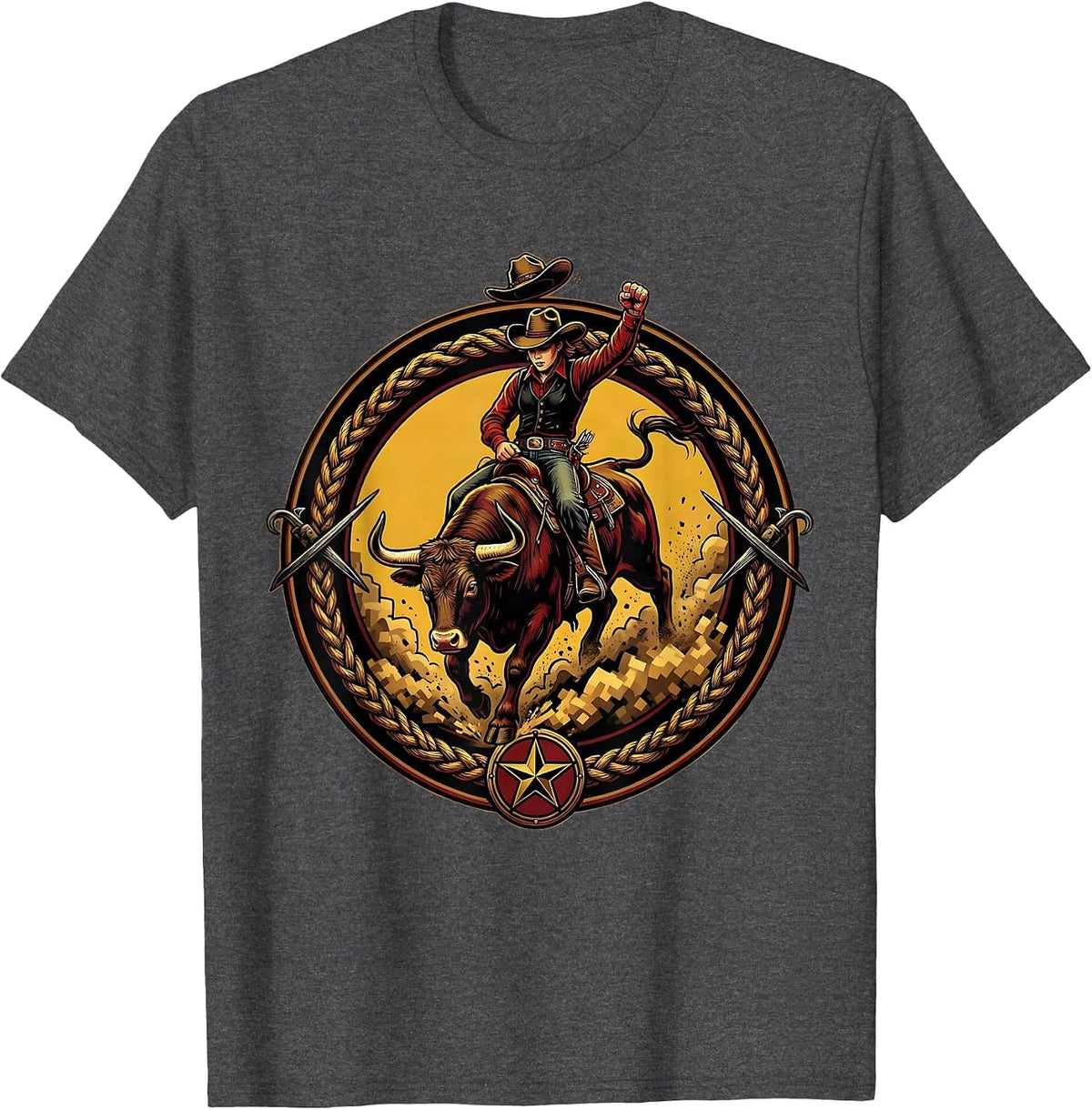 Cowgirl Riding Bull Dusty Rodeo Arena Graphic T-Shirt - Dark Heather Grey