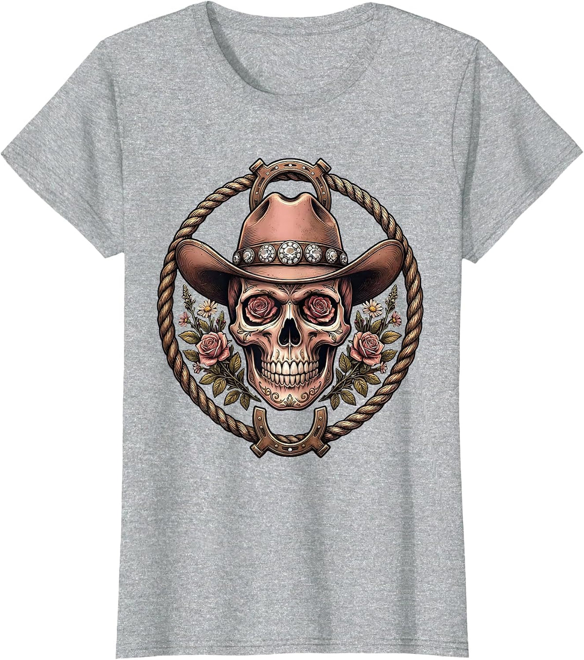 Floral Skull Rhinestone Cowboy Hat Western Design T-Shirt - Heather Grey