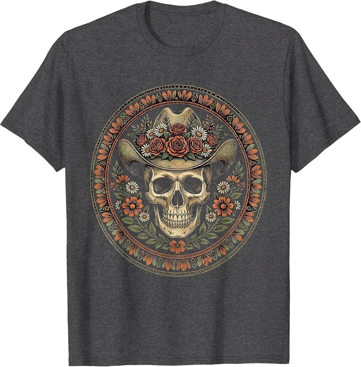 Men's Floral Cowboy Hat Skull Western Boho Art T-Shirt - Dark Heather Grey