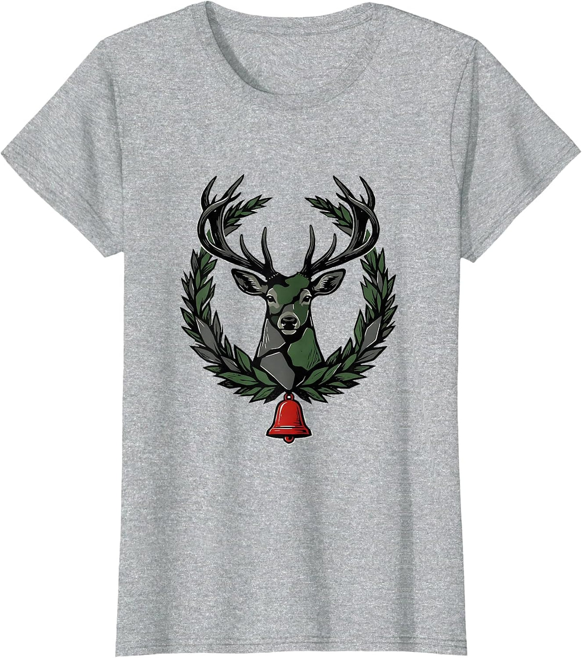 Angular Deer Wreath Camo Hunting Christmas Party T-Shirt - Heather Grey