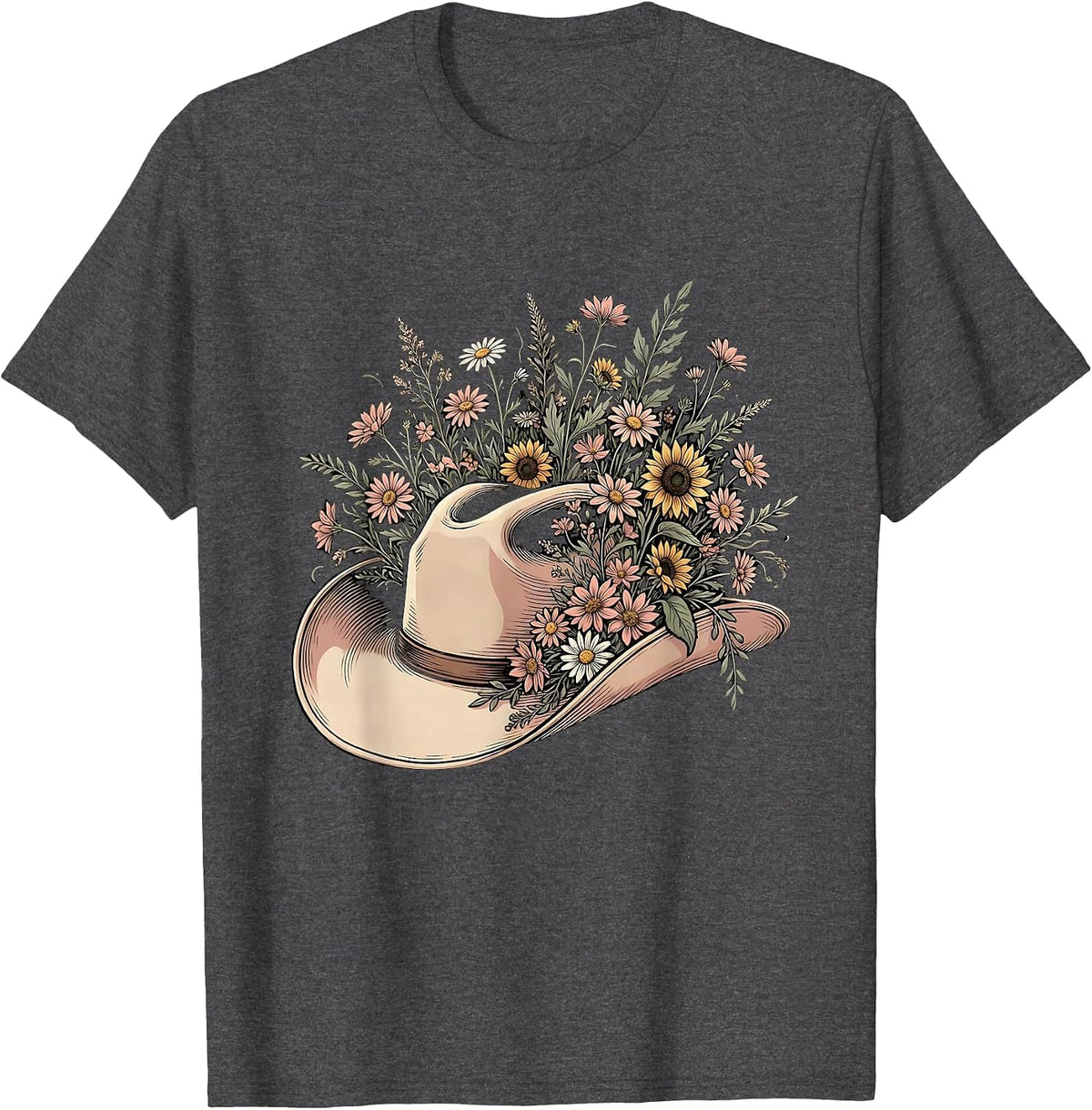 Men's Cowgirl Hat Wildflowers Western Floral Illustration T-Shirt - Dark Heather Grey