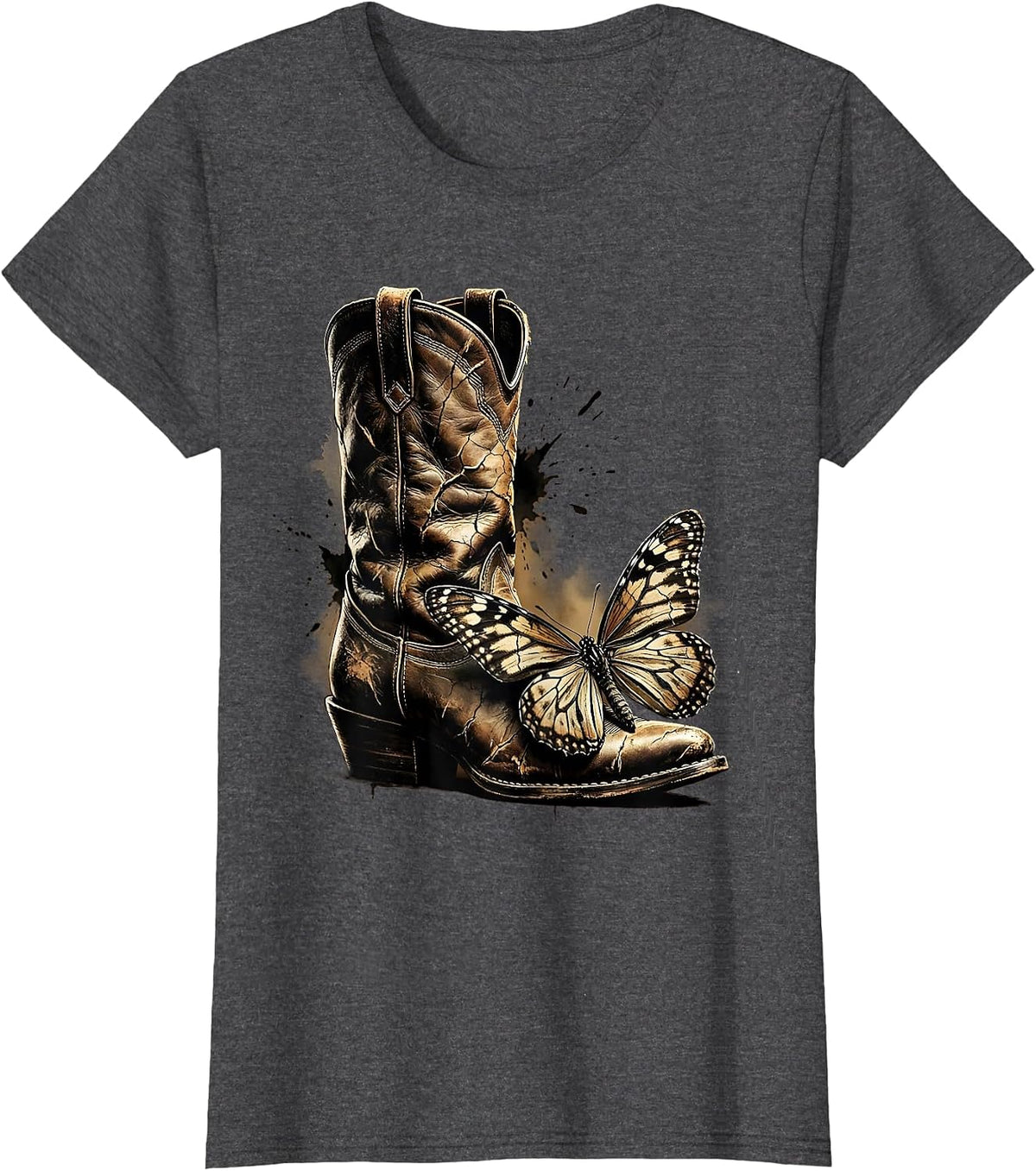 Women's Cowgirl Boot Butterfly Nature Western Graphic T-Shirt - Dark Heather Grey