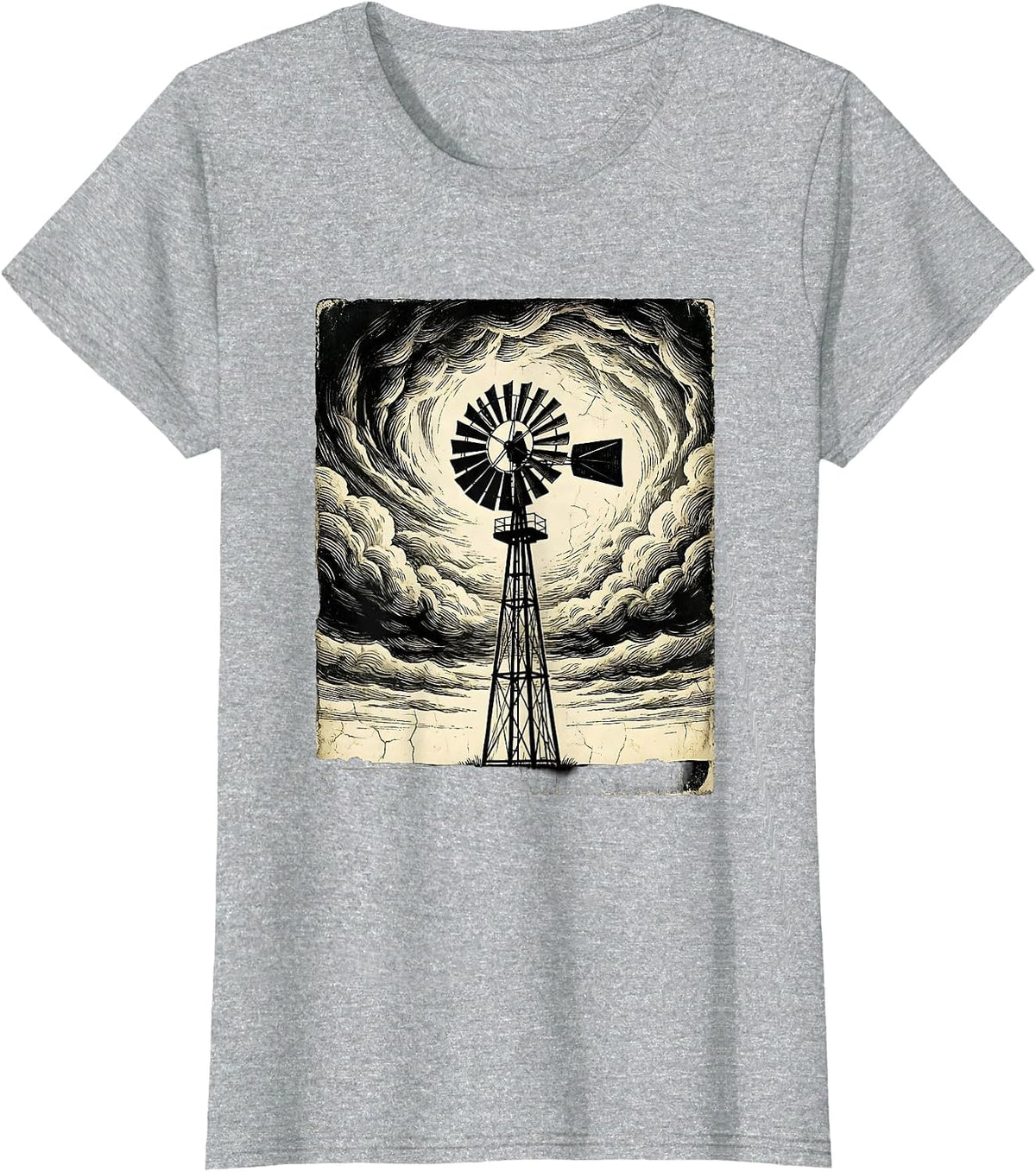 Lone Windmill Storm Clouds Dramatic Sky Art T-Shirt - Heather Grey