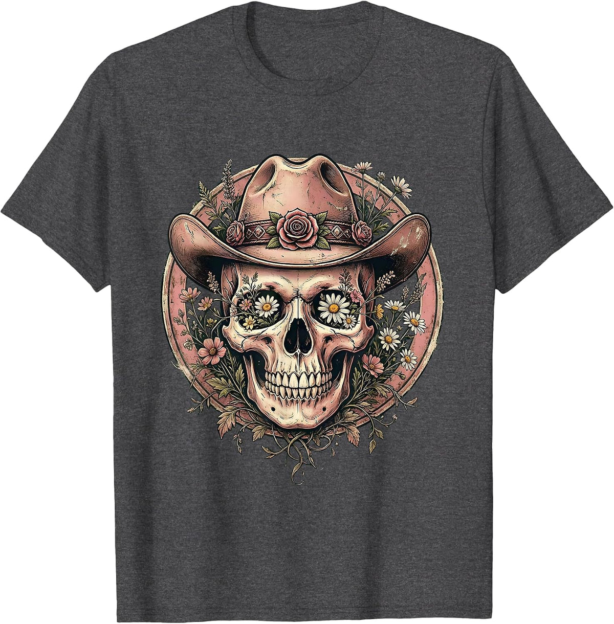 Men's Floral Skull Cowgirl Hat Western Graphic Design T-Shirt - Dark Heather Grey