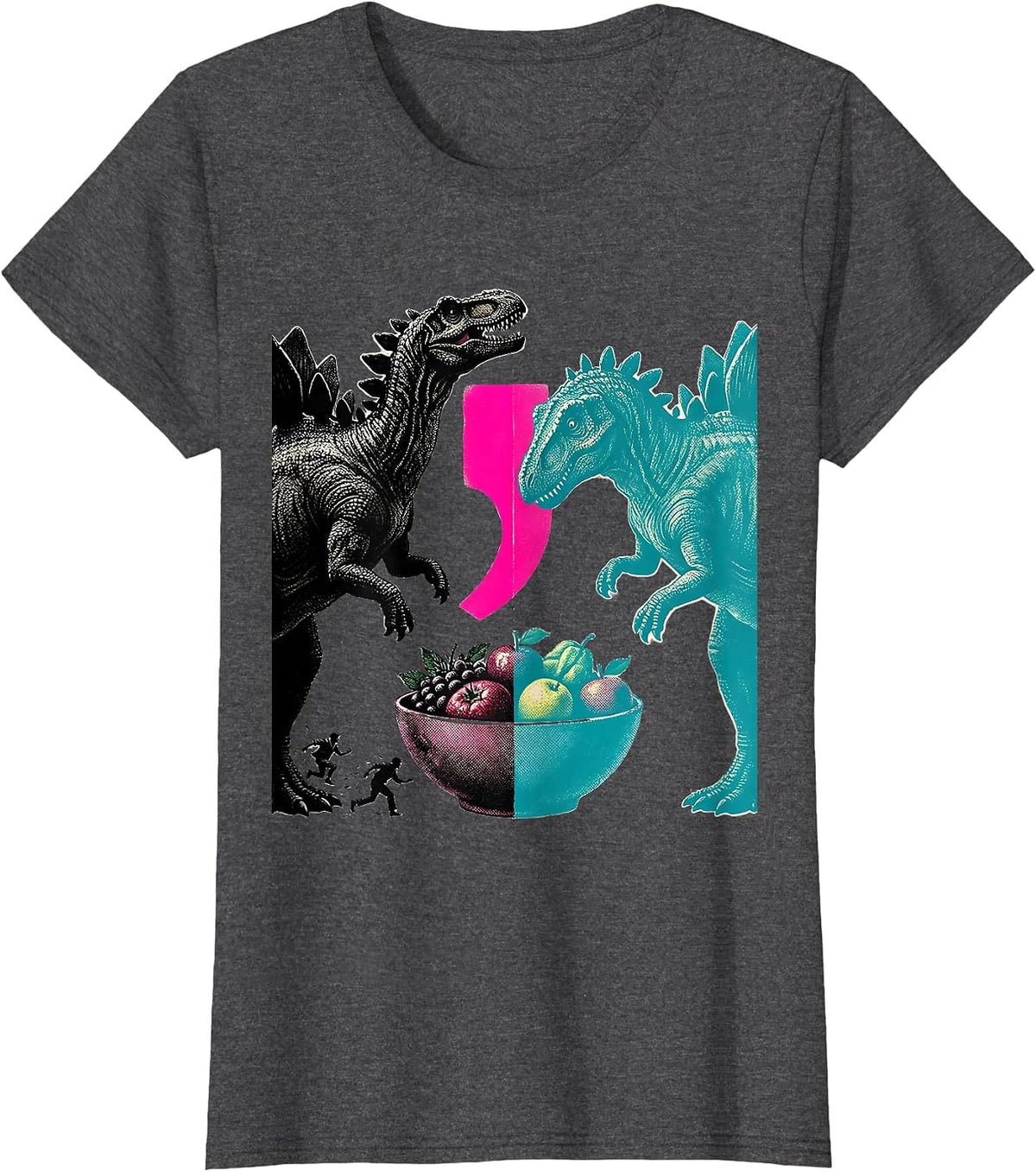 Women's Mirrored Stegosaurus Risograph Grammar Teacher Punctuation T-Shirt - Dark Heather Grey