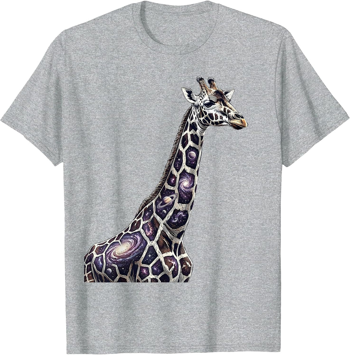 Men's Cosmic Giraffe Galaxy Spot Wildlife Art Design T-Shirt - Heather Grey