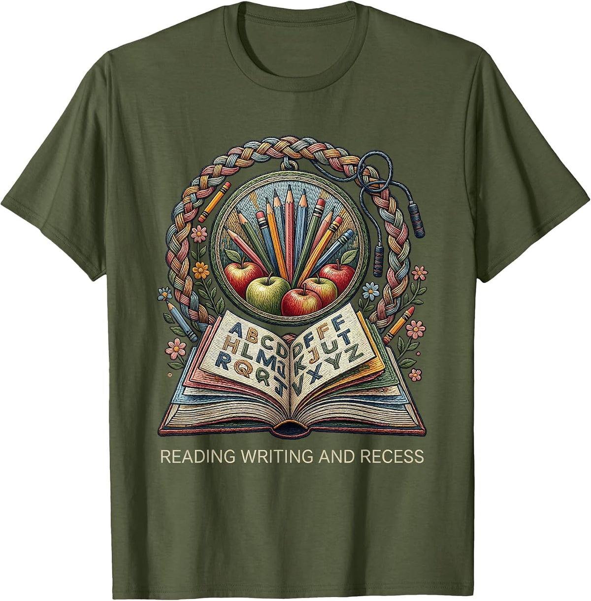 Reading Writing and Recess First Grade Teacher T-Shirt - Olive Green