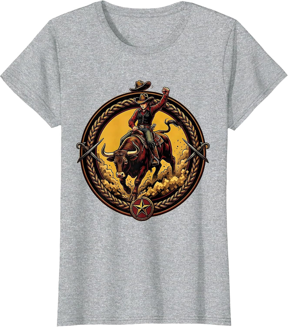 Cowgirl Riding Bull Dusty Rodeo Arena Graphic T-Shirt - Heather Grey