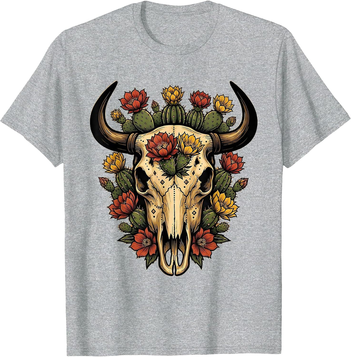 Men's Bull Skull Desert Flowers Western Boho Graphic Tee T-Shirt - Heather Grey