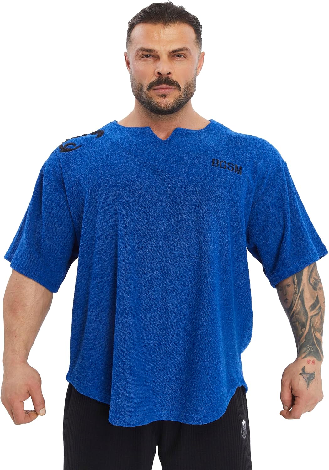 Men's Gym T-Shirt Active Wear Bodybuilding Lifting Oversize Rag Top | Towel Texture, Cotton Training Top - Blue