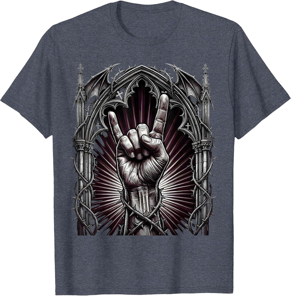 Vintage Rock Devil Horns Hand Spotlight Graphic T-Shirt - Heather Blue
