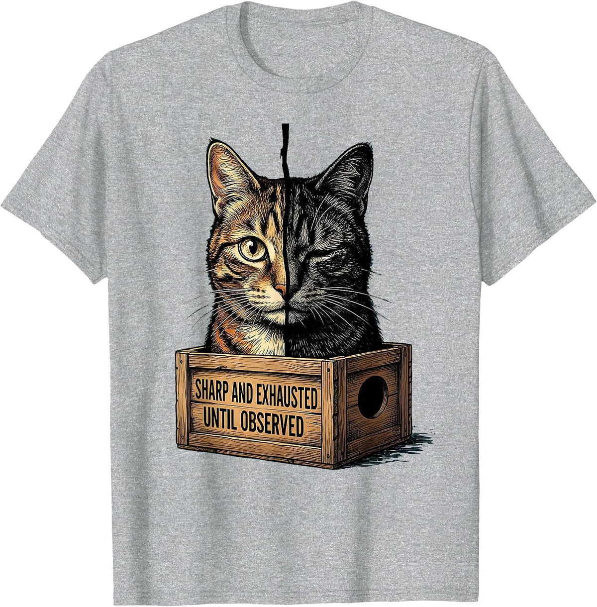 Men's Sharp and Exhausted, Until Observed Funny Science Cat Lover T-Shirt - Heather Grey