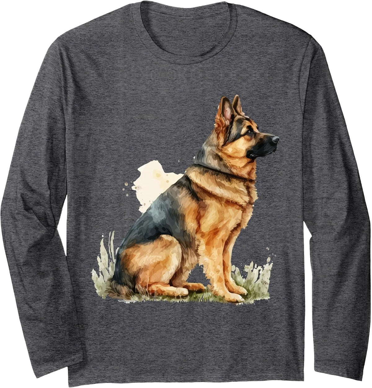 Watercolor German Shepherd for Alsatian Dog Owners Long Sleeve T-Shirt - Adult Unisex Dark Heather Grey