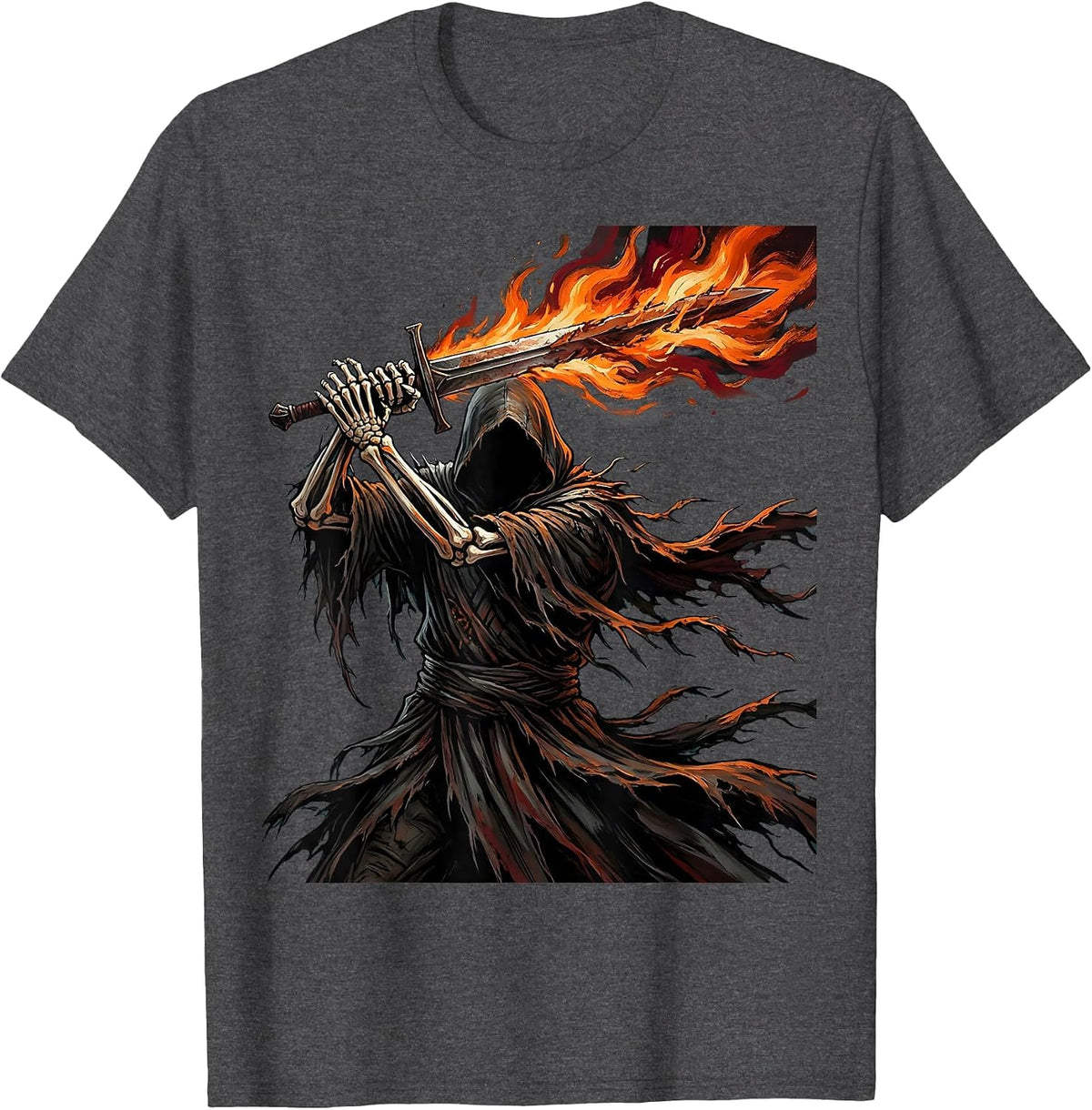 Men's Hooded Figure Flaming Sword Dark Metal Graphic T-Shirt - Dark Heather Grey