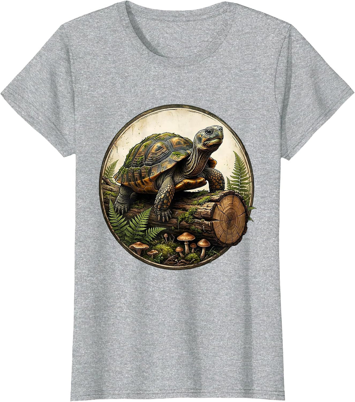 Women's Ancient Turtle Resting on Log Mossy Shell Art T-Shirt - Heather Grey