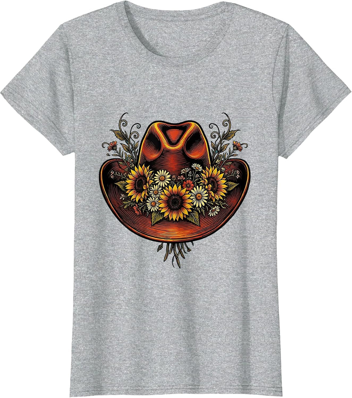 Cowgirl Hat With Wildflowers Boho Western Design T-Shirt - Heather Grey