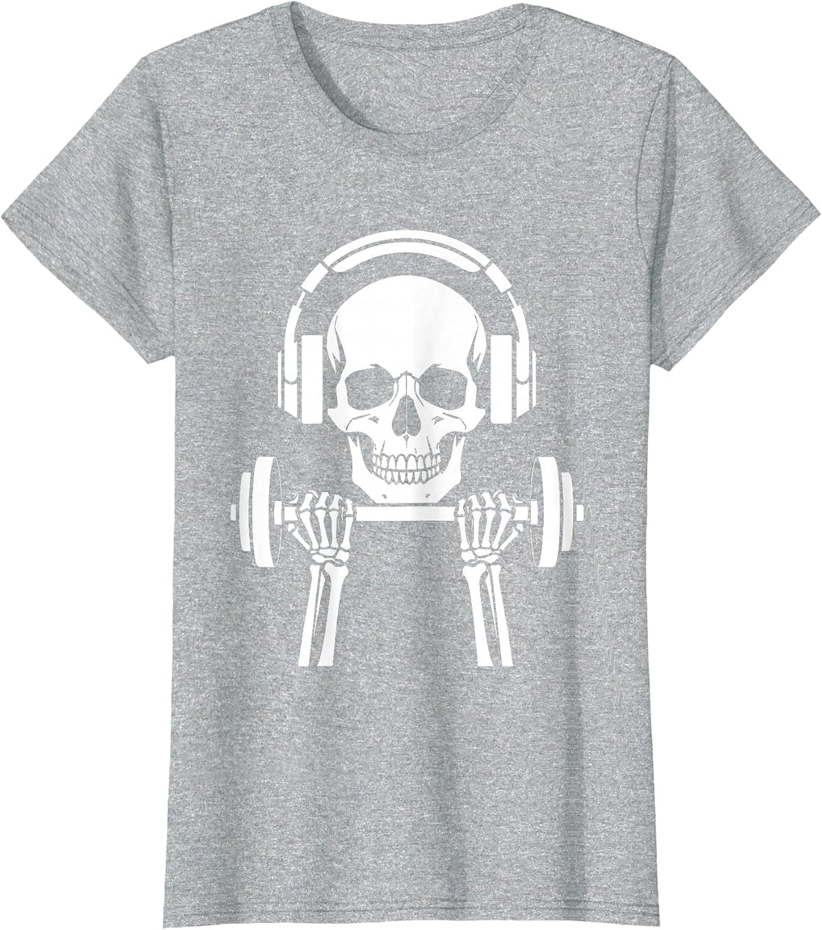 Skull Headphones Weightlifting Graphic Design T-Shirt - Heather Grey