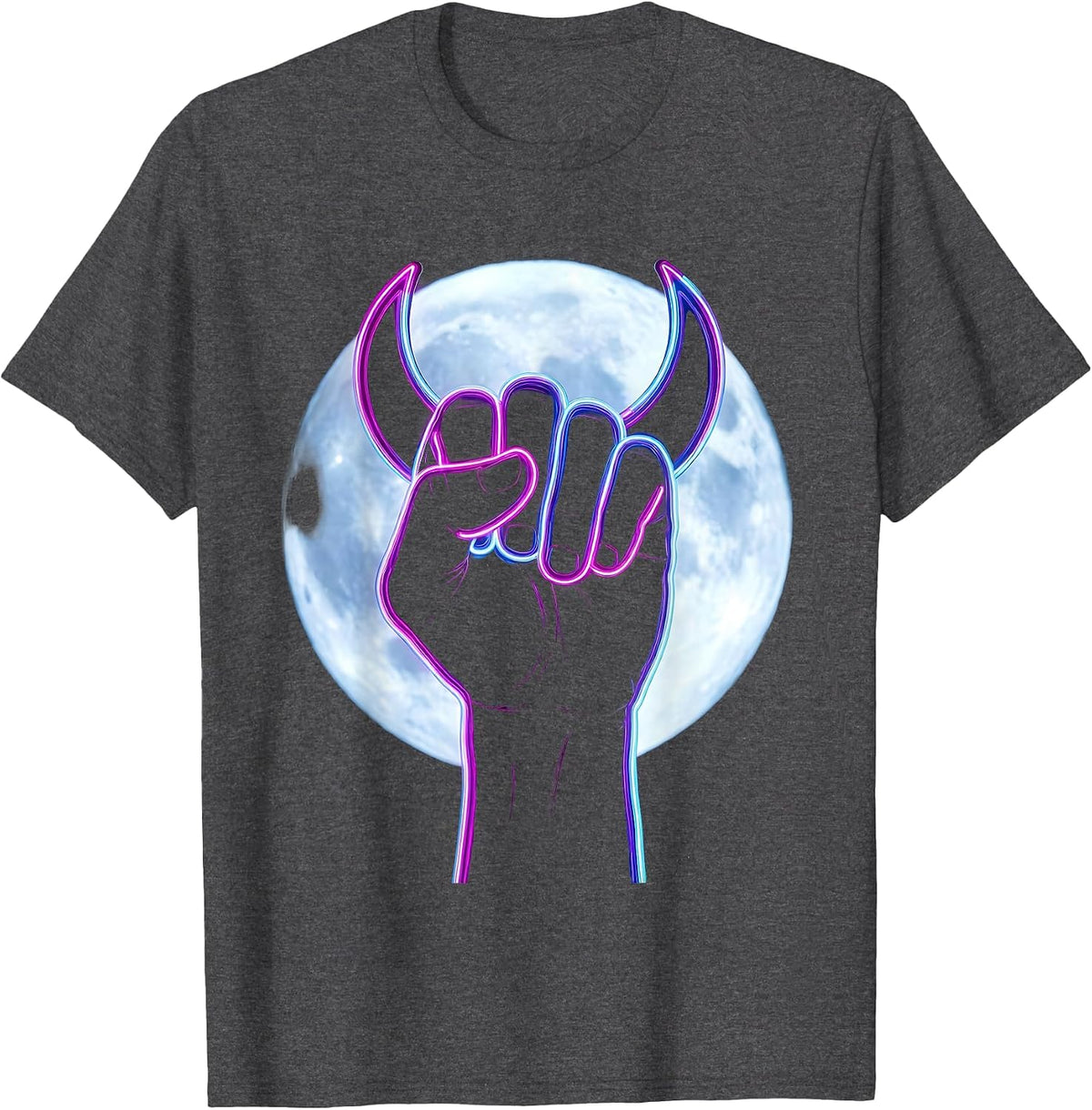 Men's Devil Horns Full Moon Rock Music Graphic T-Shirt - Dark Heather Grey