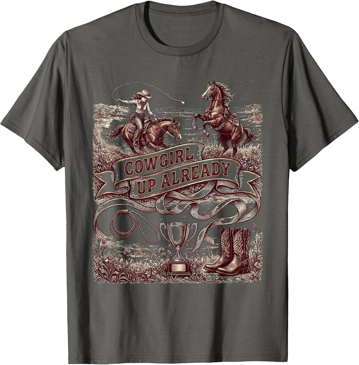Cowgirl Up Already Rodeo Graphic Design T-Shirt - Asphalt Grey