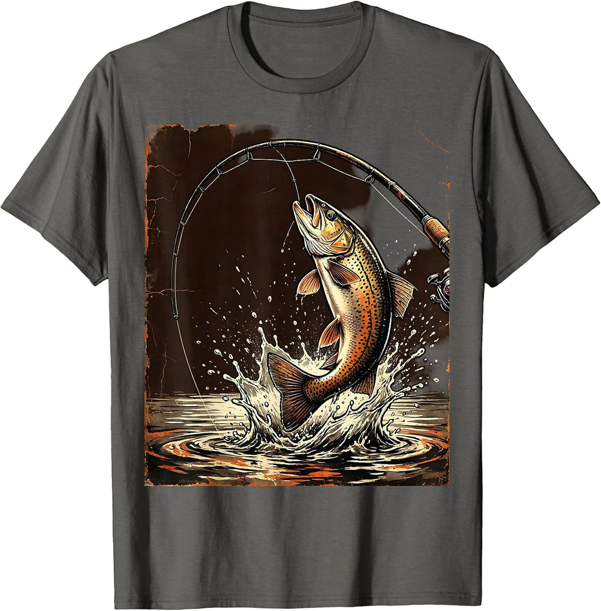 Men's Fishing Rod Bent Leaping Trout Camping Graphic T-Shirt - Asphalt Grey