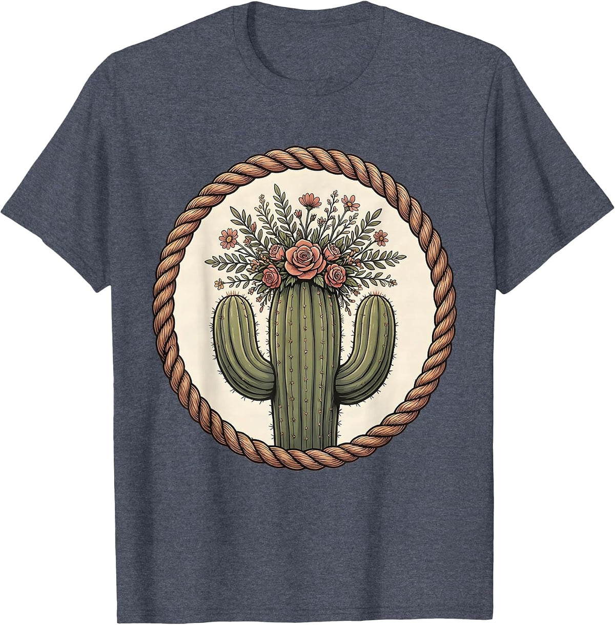 Floral Crown Cactus Western Desert Design T-Shirt - Heather Blue