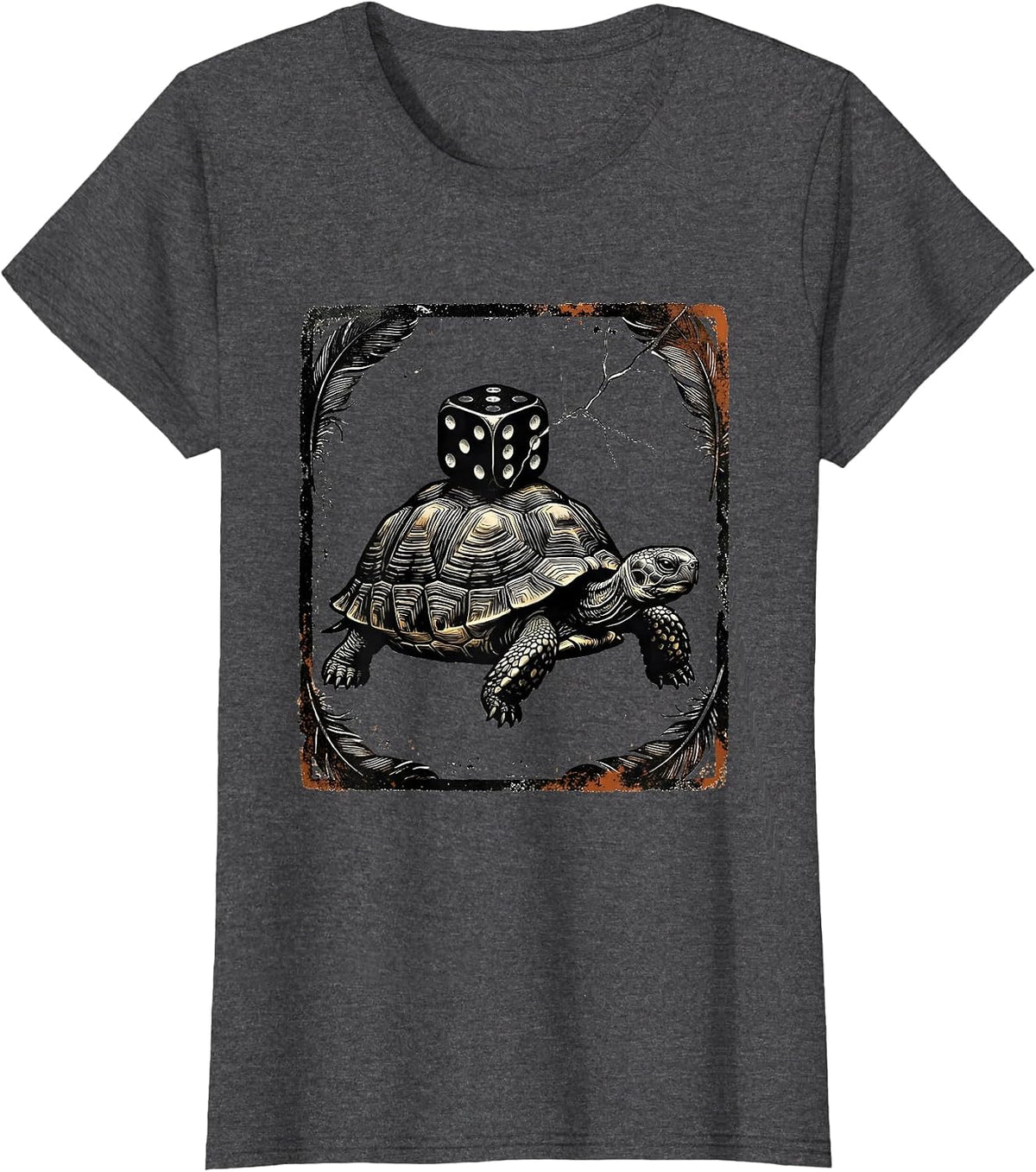 Women's Turtle Dice Rubber Stamp Gamer Japanese Art Humor T-Shirt - Dark Heather Grey