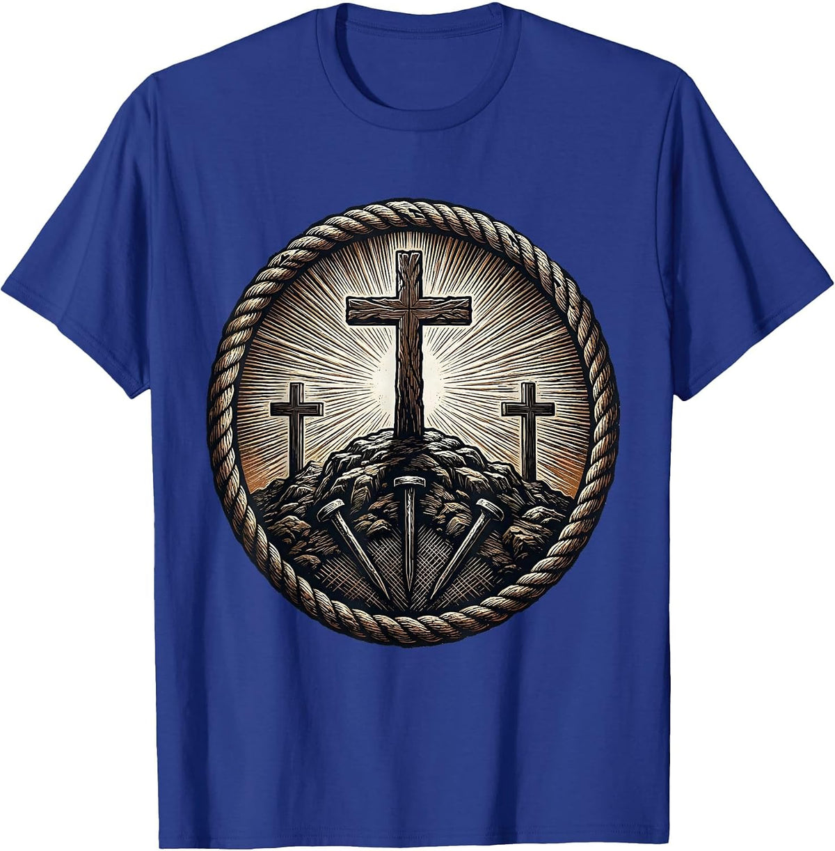 3 Nails Cross Hilltop Sunset Silhouette Design T-Shirt - Royal Blue