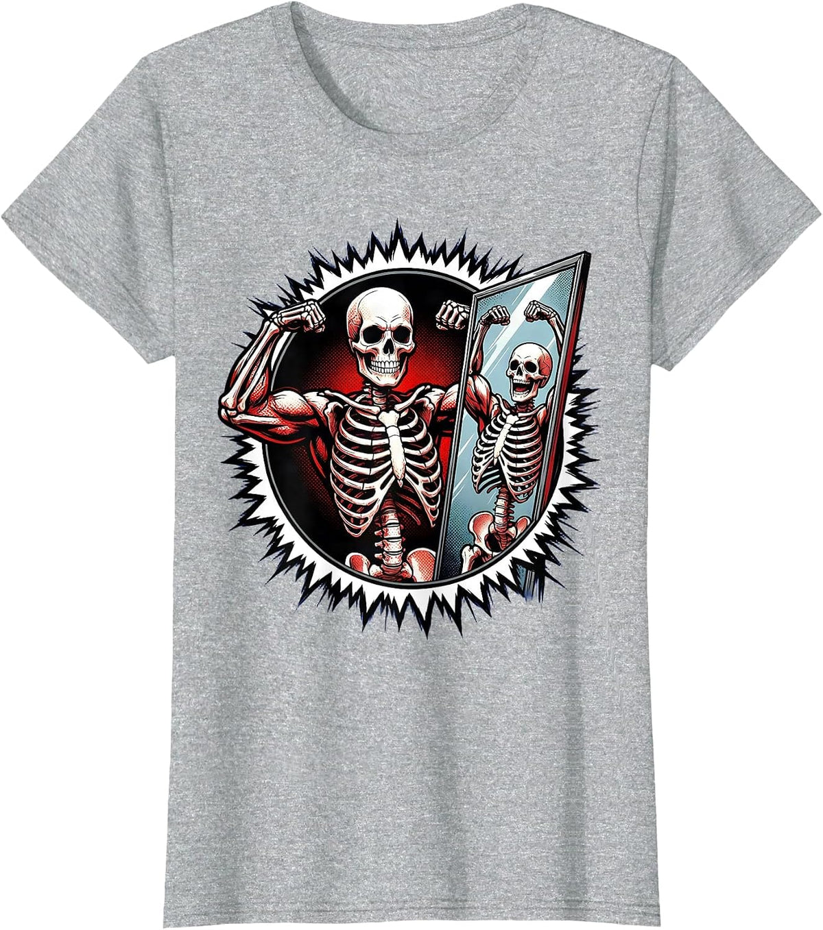 Skeleton Gym Mirror Funny Workout Graphic T-Shirt - Heather Grey