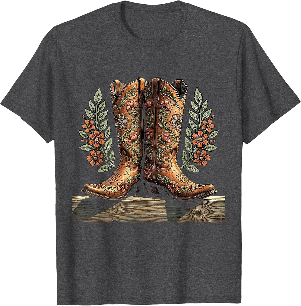 Cowgirl Boots on Fence Rail Rodeo Graphic T-Shirt - Dark Heather Grey