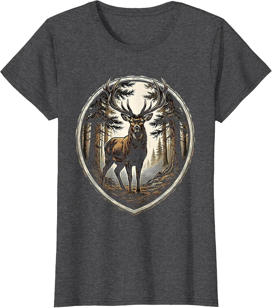 Women's Buck Deer Silhouette Misty Forest Hunting Design T-Shirt - Dark Heather Grey