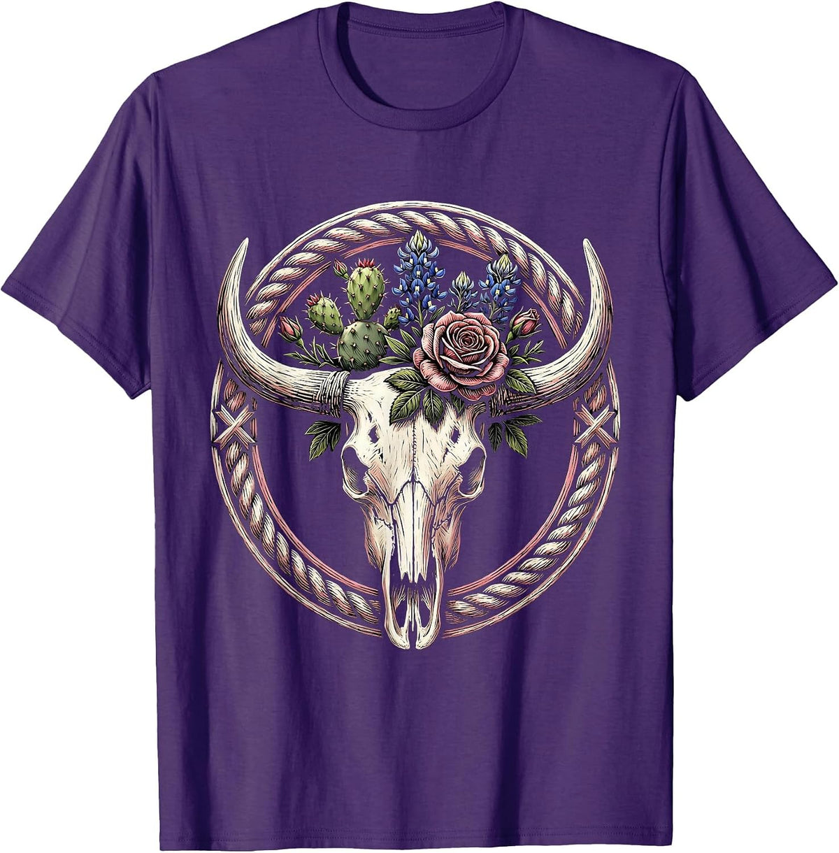 Pink Western Longhorn Skull Wildflower Design T-Shirt - Purple