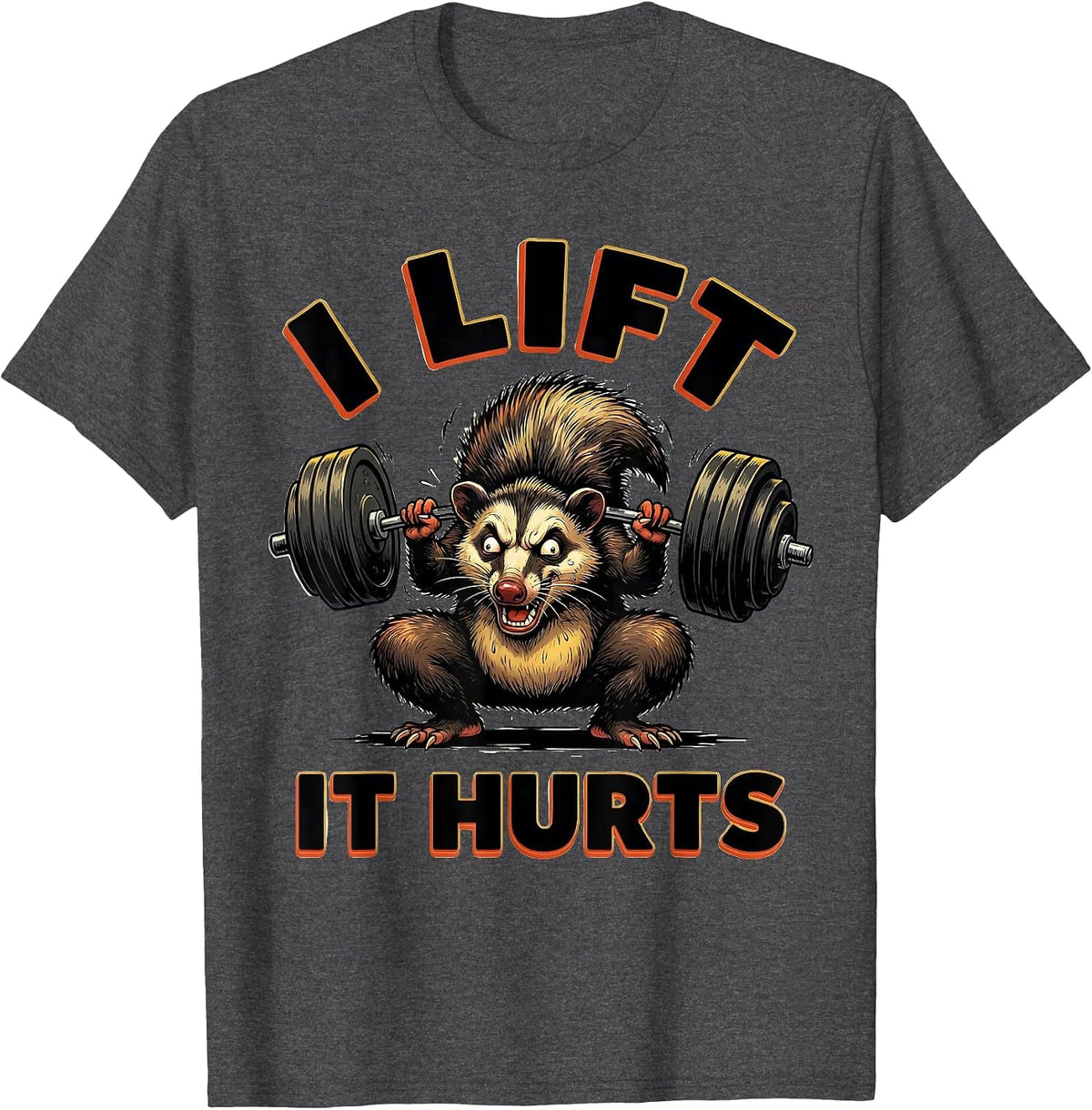I Lift, It Hurts Funny Cartoon Gym Workout Weightlifting T-Shirt - Dark Heather Grey
