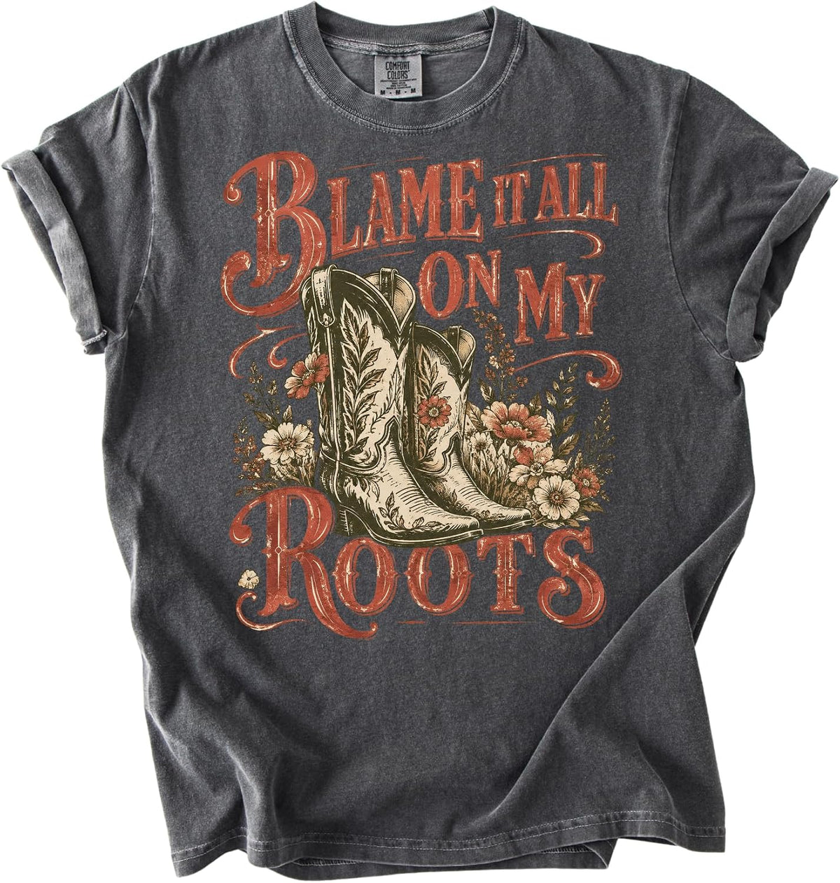 Western Roots Cowboy Boots Floral Graphic T-Shirt Vintage Country Style Tee for Women - Pepper
