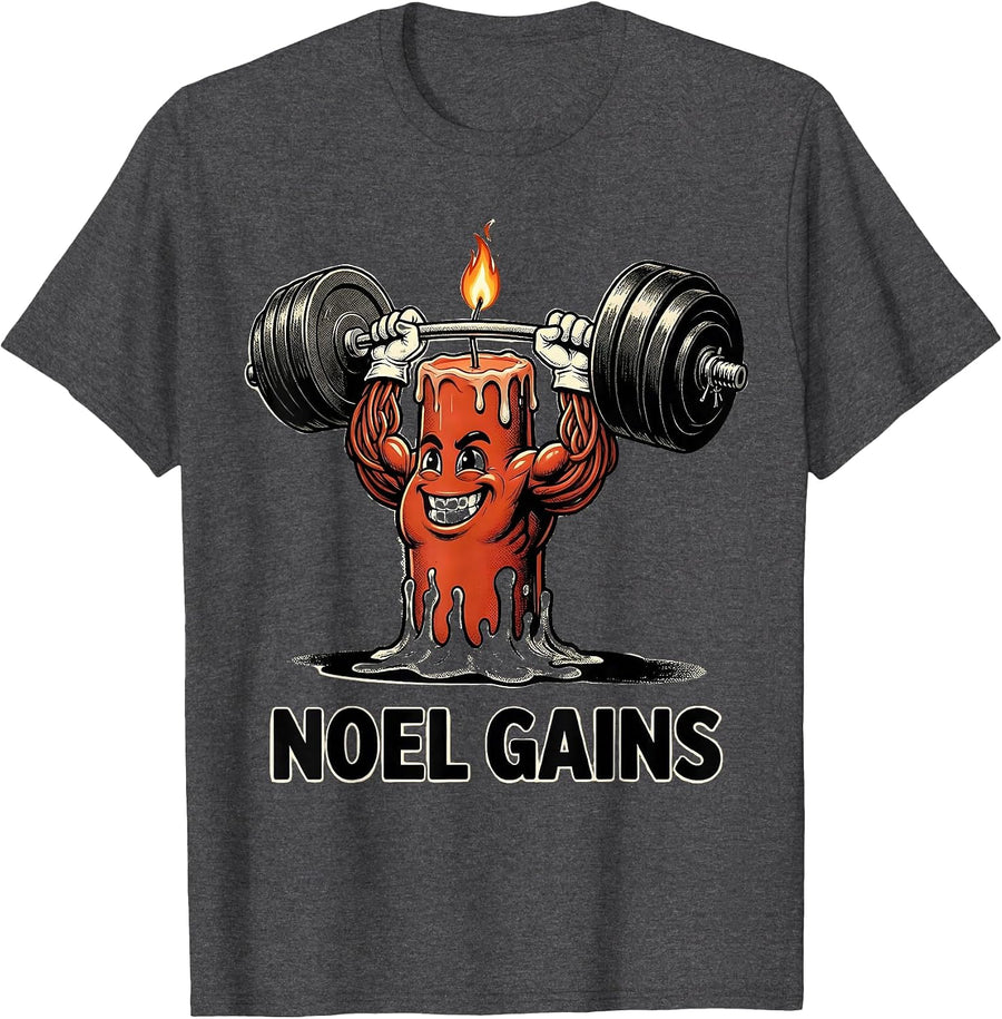 Men's Noel Gains Retro Cartoon Funny Christmas Gym Weightlifting T-Shirt - Dark Heather Grey