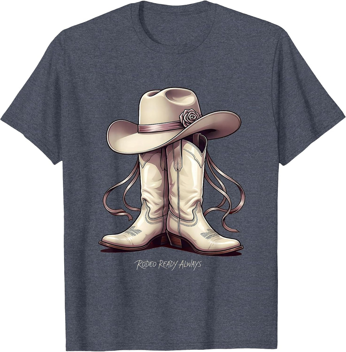 Rodeo Ready Always White Cowgirl Design T-Shirt - Heather Blue