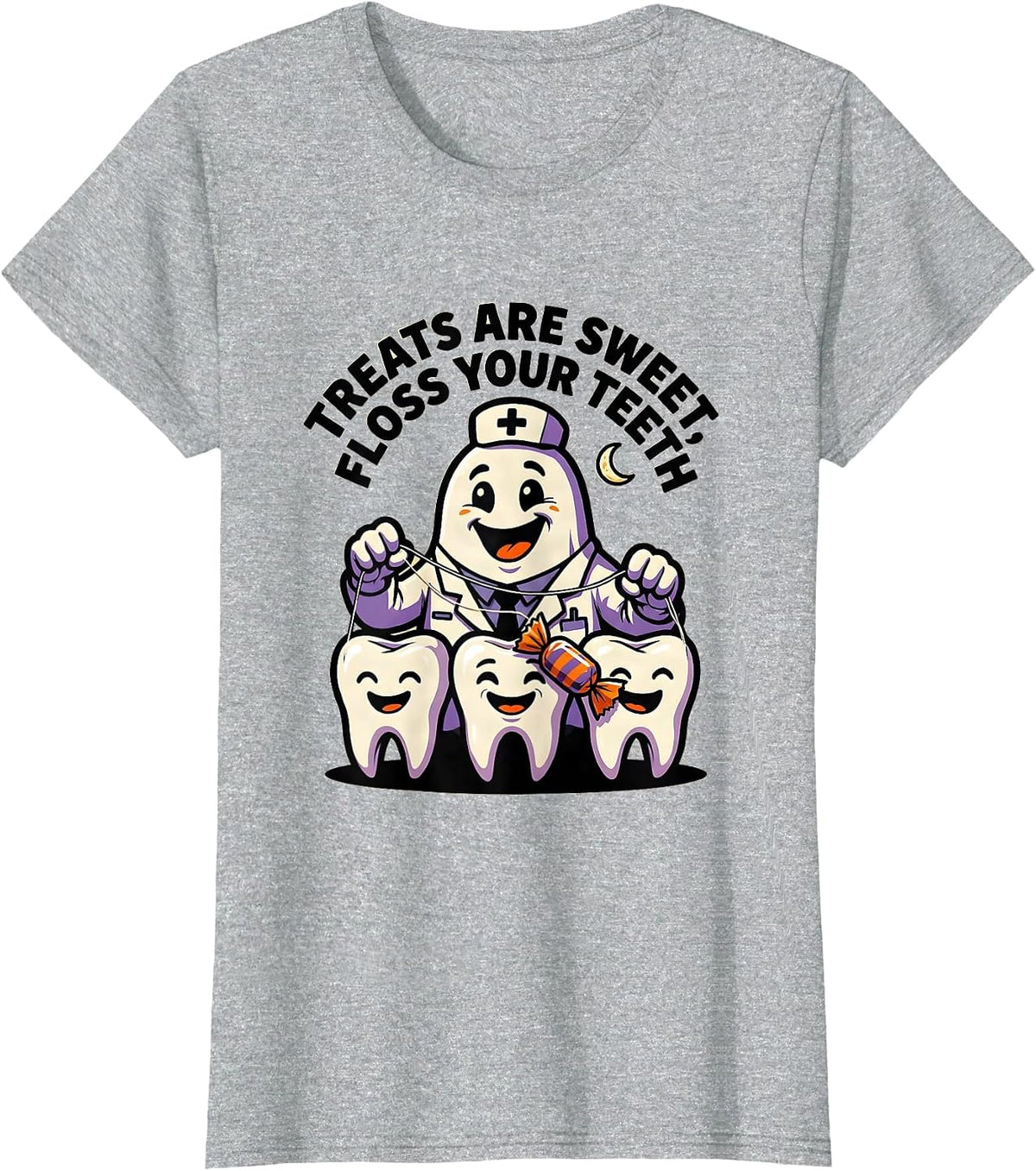 Treats Are Sweet Floss Your Teeth Cartoon Halloween Dentist T-Shirt - Heather Grey